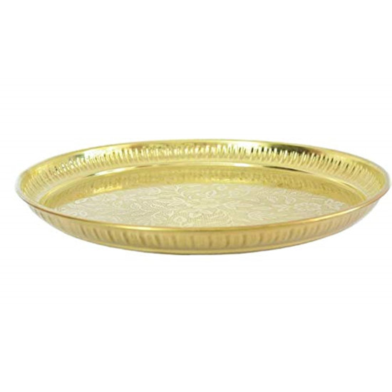 Skywalk Handmade Brass Puja Thali with Flower Embossed Design (Gold, 8 Inch)