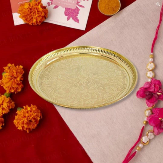 Skywalk Handmade Brass Puja Thali with Flower Embossed Design (Gold, 8 Inch)