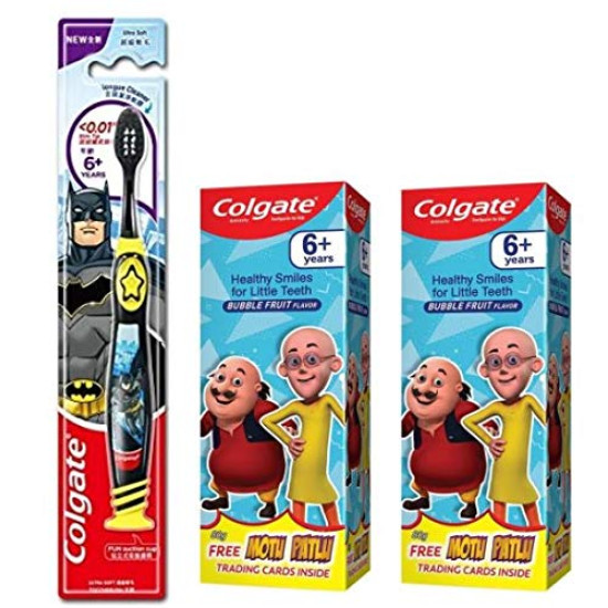 Colgate Kid's Batman Anti cavity extra Soft with Tongue Cleaner Toothbrush - 1 pc | Motu Patlu Anticavity Toothpaste for Kids - 80g + 80g (Bubble Fruit Flavor)