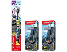 Colgate Kid'S Batman Anti Cavity Extra Soft Brush With Tongue Cleaner Toothbrush 1 Pc Batman Paste Anticavity Toothpaste For Kids 80G + 80G (Bubble Fruit Flavour), manual, Black