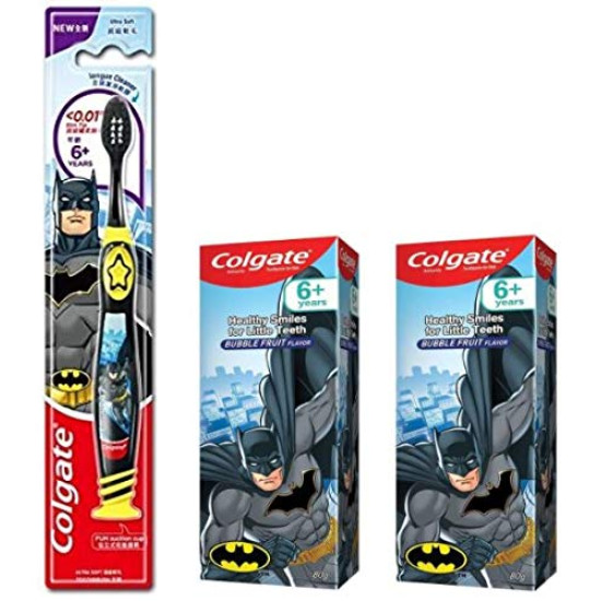 Colgate Kid'S Batman Anti Cavity Extra Soft Brush With Tongue Cleaner Toothbrush 1 Pc Batman Paste Anticavity Toothpaste For Kids 80G + 80G (Bubble Fruit Flavour), manual, Black