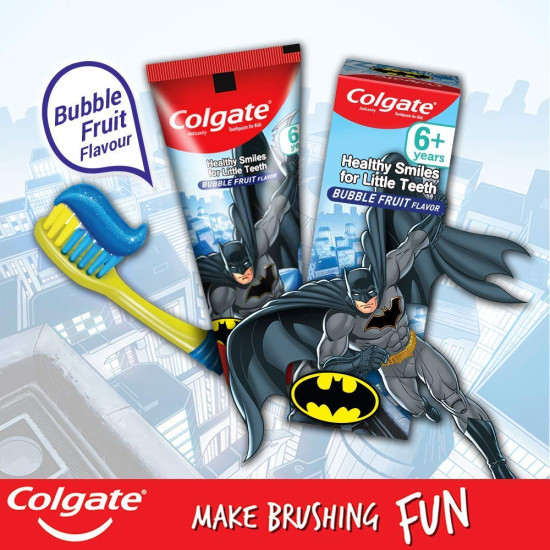 Colgate Kid'S Batman Anti Cavity Extra Soft Brush With Tongue Cleaner Toothbrush 1 Pc Batman Paste Anticavity Toothpaste For Kids 80G + 80G (Bubble Fruit Flavour), manual, Black