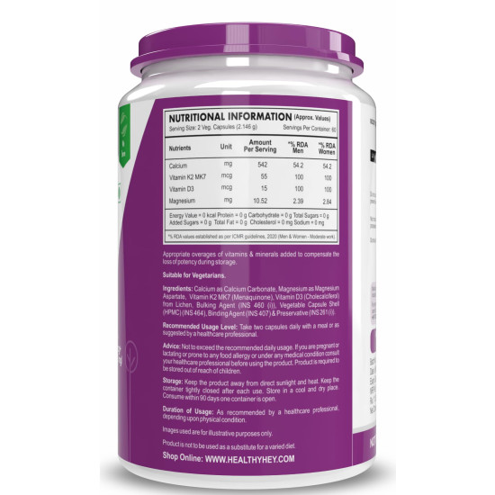 HealthyHey Nutrition Calcium And Vitamin D3 Capsules | Calcium Capsules For Women & Men | Calcium Magnesium Supplements with Vitamin D3 + K2 MK7 - Bone Health & Joint Support (120 Capsules | 100% Veg)
