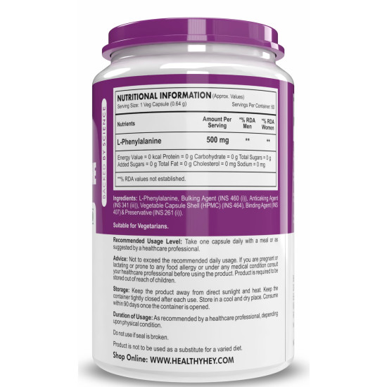 HealthyHey Nutrition L-Phenylalanine 60 Vegetarian Capsules - Gluten Free - Non GMO