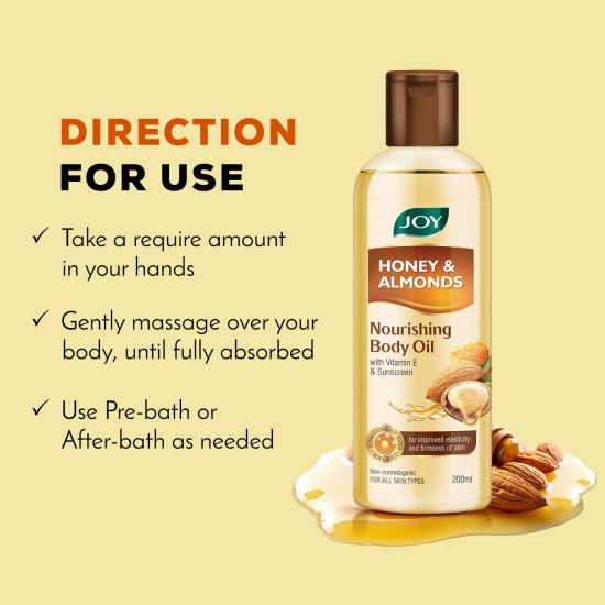 Joy Honey & Almonds Body Oil – After-Bath Daily-Use Badam Massage Oil with Vitamin E & Sunscreen | Full-Body Relaxation, Dry-Skin & Winter Moisture | 200 ml