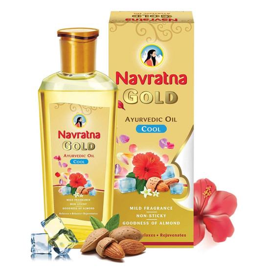 Navratna Gold Ayurvedic Oil |Non Sticky and Non Greasy |Mild Fragrance| Goodness of Almonds and 9 Ayurvedic Herbs |Relieves Body Aches, Sleeplessness, Headache and Fatigue, 200ml