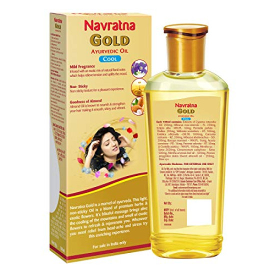 Navratna Gold Ayurvedic Oil |Non Sticky and Non Greasy |Mild Fragrance| Goodness of Almonds and 9 Ayurvedic Herbs |Relieves Body Aches, Sleeplessness, Headache and Fatigue, 200ml