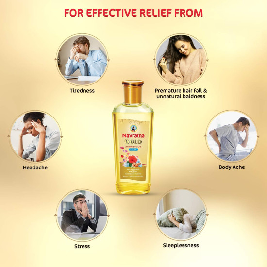 Navratna Gold Ayurvedic Oil |Non Sticky and Non Greasy |Mild Fragrance| Goodness of Almonds and 9 Ayurvedic Herbs |Relieves Body Aches, Sleeplessness, Headache and Fatigue, 300ml