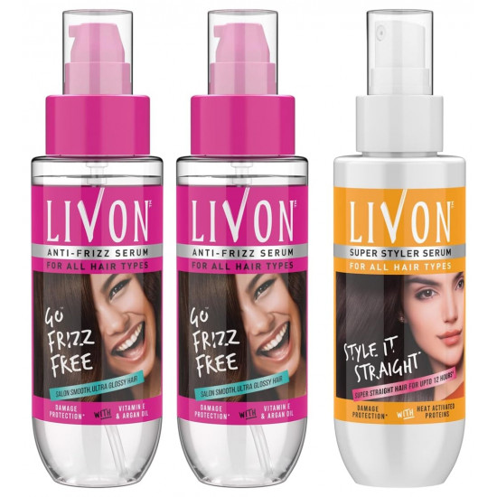 Livon Serum, 100ml (Pack of 2) and Livon Hair Straightening Serum for Straighter Hair Upto 12 Hours & 5X Less Breakage, With Heat Activa