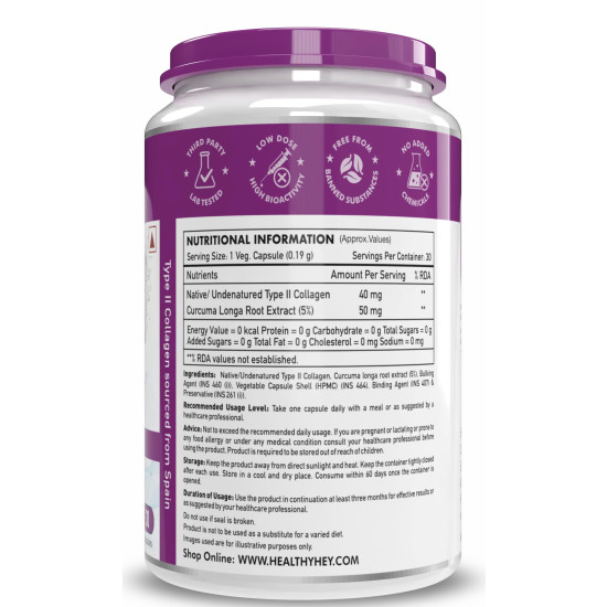 HealthyHey Nutrition NTC II Type 2 Collagen, Supports Cartilage and Joints, Pack of 30 Capsules