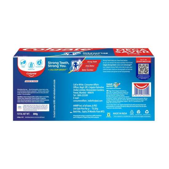 Colgate Strong Teeth, 800g (Combo Pack, 200g*4), India’s No: 1 Toothpaste Brand, Calcium-boost for 2X Stronger Teeth, Prevents cavities, Whitens Teeth, Freshens Breath