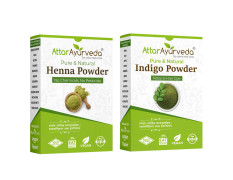 Attar Ayurveda Natural Dye for Black Hair (Henna Leaves powder, Indigo leaves powder combo pack) (200 grams + 200 grams = 400 grams total)
