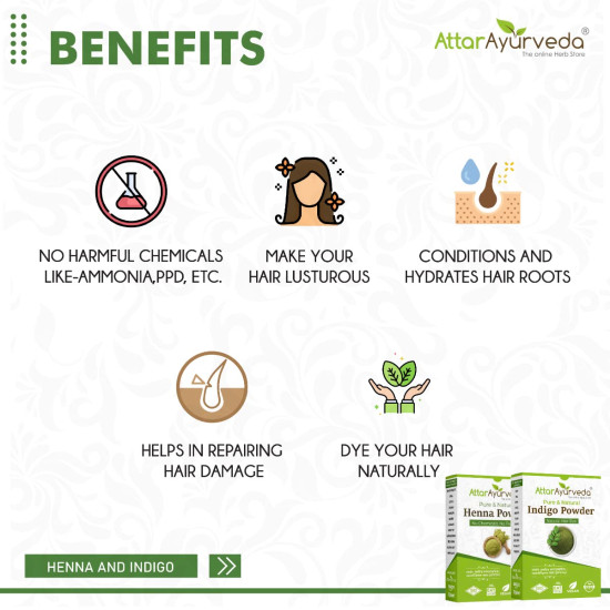 Attar Ayurveda Natural Dye for Black Hair (Henna Leaves powder, Indigo leaves powder combo pack) (200 grams + 200 grams = 400 grams total)