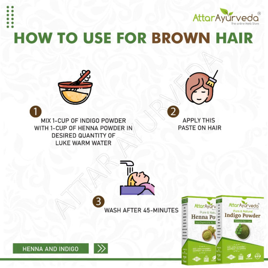 Attar Ayurveda Natural Dye for Black Hair (Henna Leaves powder, Indigo leaves powder combo pack) (200 grams + 200 grams = 400 grams total)