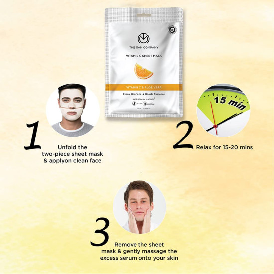 The Man Company Vitamin C Sheet Mask with Hyaluronic Acid & Lemon | Boosts Collagen, Brightening | Improves Skin Tone, Deep Cleanses & Removes Excess Oil - 25ml