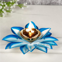 Collectible India Brass Diya Oil Lamp Stand Lotus Kamal Patti Diyas for Puja Home Temple Decor (Sky Blue)