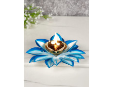 Collectible India Brass Diya Oil Lamp Stand Lotus Kamal Patti Diyas for Puja Home Temple Decor (Sky Blue)
