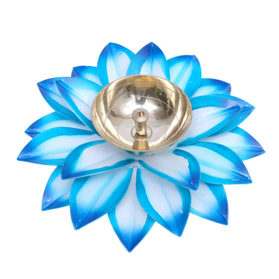 Collectible India Brass Diya Oil Lamp Stand Lotus Kamal Patti Diyas for Puja Home Temple Decor (Sky Blue)