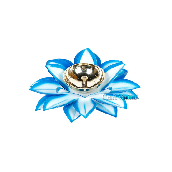 Collectible India Brass Diya Oil Lamp Stand Lotus Kamal Patti Diyas for Puja Home Temple Decor (Sky Blue)