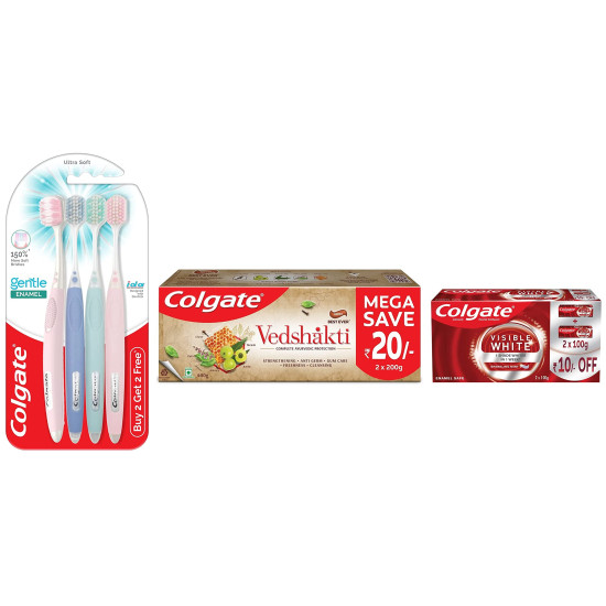 Colgate Visible White Teeth Whitening Toothpaste, Protects Enamel, Removes Stains, With Whitening Accelerators, 400g, 100g X 4 With Colgate Gentle Enamel Ultra Soft Toothbrush 4 Pcs(Buy 2 Get 2 Free)