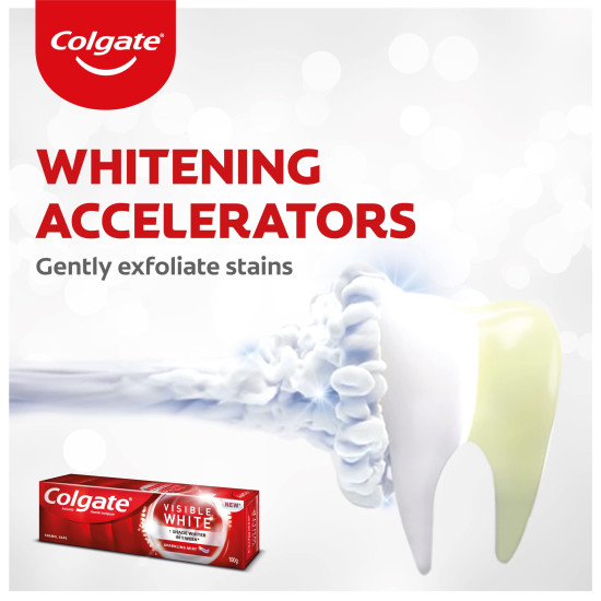 Colgate Visible White Teeth Whitening Toothpaste, Protects Enamel, Removes Stains, With Whitening Accelerators, 400g, 100g X 4 With Colgate Gentle Enamel Ultra Soft Toothbrush 4 Pcs(Buy 2 Get 2 Free)