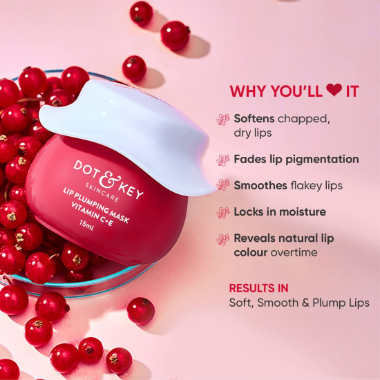 Dot & Key Lip Plumping Mask with Shea Butter & Vitamin C + E for Naturally Glowing Lips | Fades Lip Pigmentation | Smoothes Flaky & Dry Lips | Lip Mask For Soft, Smooth & Plump Lips | (Lingonberry) | 15ml