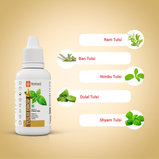 Krishna's Tulsi Drops 30 ml of 5 Rare Tulsi Drop for Natural Immunity Boosting | Nimbu Tulsi, Daulal Tulsi, No Preservatives | Tulsi Drops for immunity | Panch Tulsi Drop Krishna's Tulsi Drops 30 ml of 5 Rare Tulsi Drop for Natural Immunity Boosting | Nimbu Tulsi, Daulal Tulsi, No Preservatives | Tulsi Drops for immunity | Panch Tulsi Drop