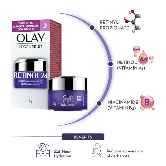 Olay Retinol Night Cream- Mini |with Retinol & Niacinamide |Wake up to plump and bouncy skin from Day 1 |Suitable for Normal, Dry, Oily & Combination skin |8 gm