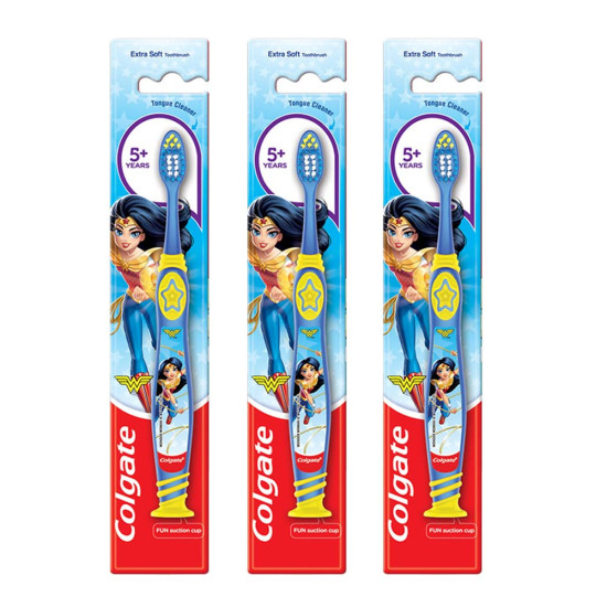 Colgate Kids Wonder Woman Extra- Soft Toothbrush (5+ Years) - 1 Pc (Pack Of 3), Manual, Blue