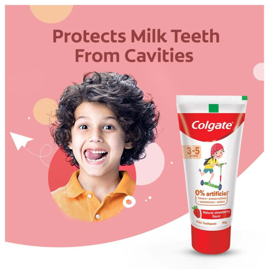 Colgate Kids Anticavity Toothpaste for 3-5 Years, 160g (80g x 2), Natural Strawberry Flavour, 0% Artificial Substances