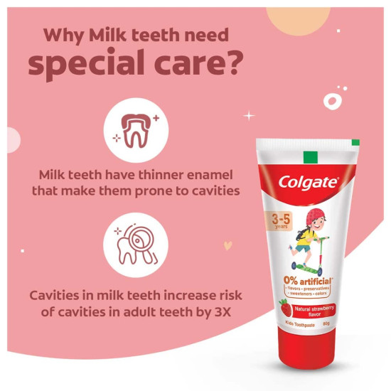 Colgate Kids Anticavity Toothpaste for 3-5 Years, 160g (80g x 2), Natural Strawberry Flavour, 0% Artificial Substances