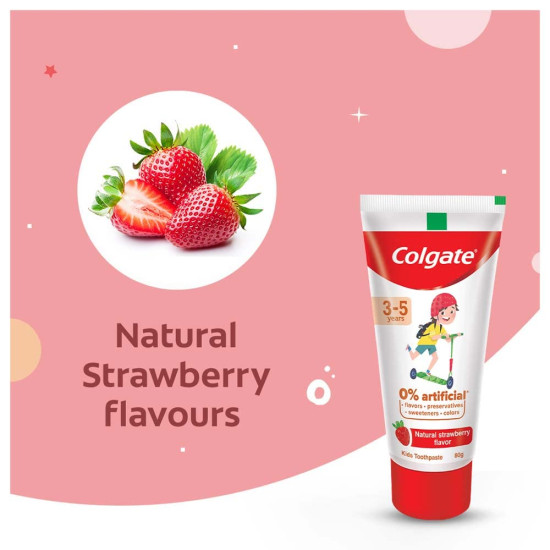 Colgate Kids Anticavity Toothpaste for 3-5 Years, 160g (80g x 2), Natural Strawberry Flavour, 0% Artificial Substances