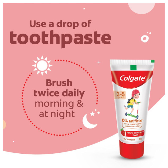 Colgate Kids Anticavity Toothpaste for 3-5 Years, 160g (80g x 2), Natural Strawberry Flavour, 0% Artificial Substances