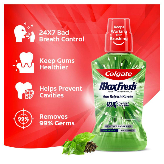 Colgate Maxfresh Plax Antibacterial Mouthwash, 99% Germ Removal, 24/7 Fresh Breath - 1000ml (Pack of 250ml X4), (Fresh Tea)