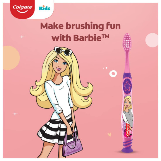 Colgate Kids Barbie Manual Toothbrush for 5+ years, Multicolor,Pack of 3, Extra Soft Bristles with Tongue Cleaner