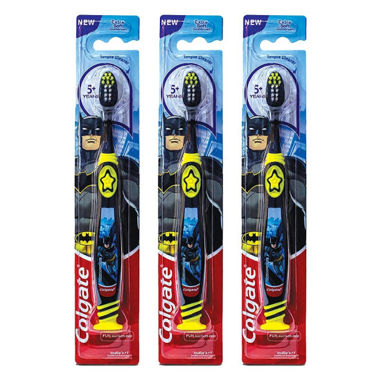 Colgate Kids Batman Manual Toothbrush for 5+ years, Pack of 3, Extra Soft Bristles with Tongue Cleaner,Multicolor