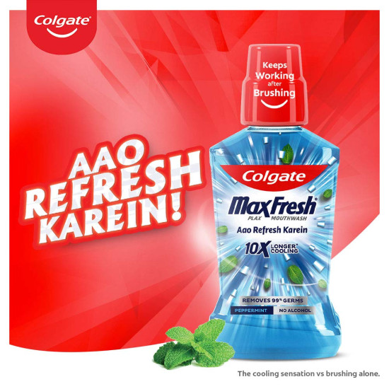 Colgate MaxFresh Plax Antibacterial Mouthwash, 1000ml (Pack of 4 x 250ml), Peppermint Fresh, 24/7 Fresh Breath, 10X longer cooling