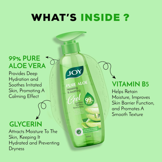 Joy Pure Aloe Vera Gel for Face & Body (300ml) with Natural Moisturisers & Pro Vitamin B5 | 99% Pure Aloe Gel for Hydrating Dry & Damaged Skin | Non Sticky & Quick Absorbing