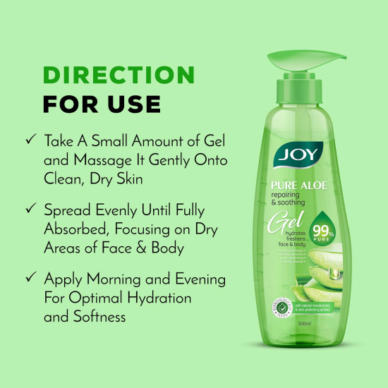 Joy Pure Aloe Vera Gel for Face & Body (300ml) with Natural Moisturisers & Pro Vitamin B5 | 99% Pure Aloe Gel for Hydrating Dry & Damaged Skin | Non Sticky & Quick Absorbing