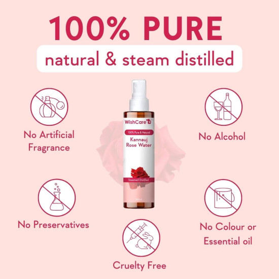 WishCare 100% Pure & Natural Rose Water For Face, Skin & Hair - Rose Water Toner for Glowing Skin - Free from Paraben & Alcohol 200ml