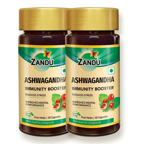 Zandu Ashwagandha Capsules, With Goodness of Natural Extracts of Ashwagandha, Helps Boost Immunity and Useful for Natural Body Strength, Stress Buster - (Pack of 60 Veg capsules x 2)
