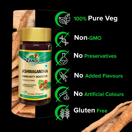 Zandu Ashwagandha Capsules, With Goodness of Natural Extracts of Ashwagandha, Helps Boost Immunity and Useful for Natural Body Strength, Stress Buster - (Pack of 60 Veg capsules x 2)