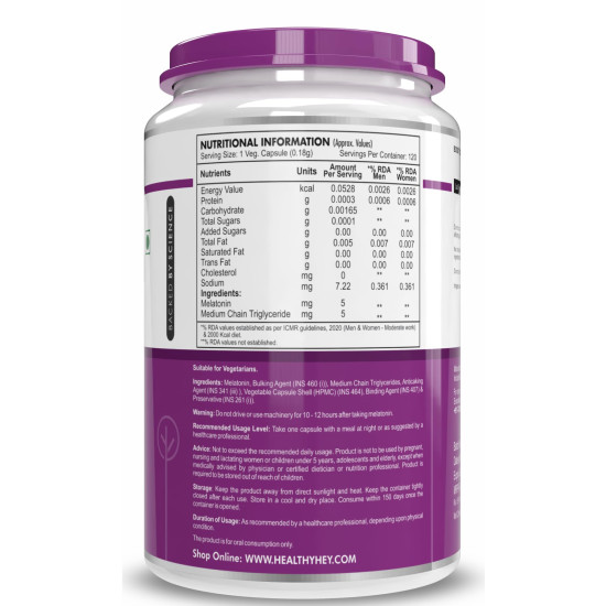 HealthyHey Nutrition Melatonin 120 vegetable capsules 5mg - Promotes Sleep and Relaxation