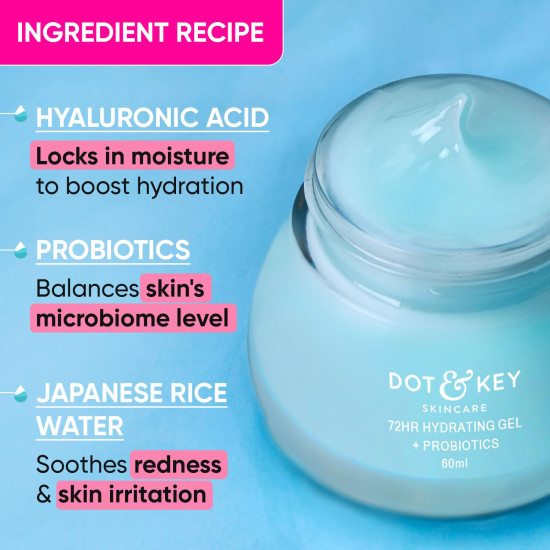 Dot & Key 72HR HYDRATING GEL + Probiotics Moisturizer for Face | With Hyaluronic Acid, Kombucha & Rice Water | Lightweight gel Moisturizer | For Dull, Tired & Uneven Skin Tone I For All Skin Types | 60ml