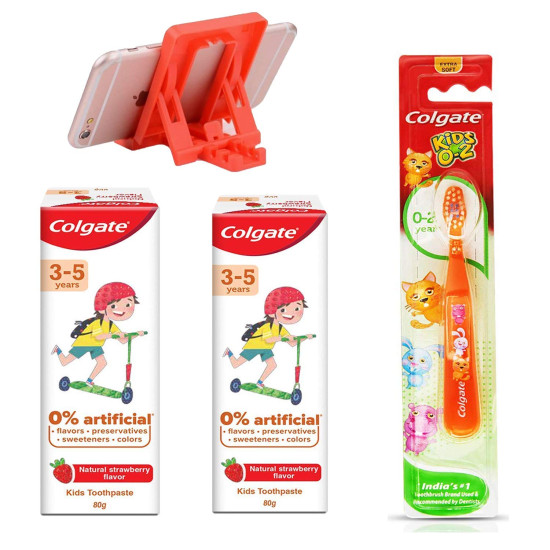 Colgate Kids 0-2 Years Multicolor Toothbrush Multicolor + Colgate Toothpaste for Kids (3-5 Years) Natural Fruit Flavur, 0% Artificial - 80 g (Pack of 2) + Free Mobile Holder Colgate Kids 0-2 Years Multicolor Toothbrush Multicolor + Colgate Toothpaste for Kids (3-5 Years) Natural Fruit Flavur, 0% Artificial - 80 g (Pack of 2) + Free Mobile Holder