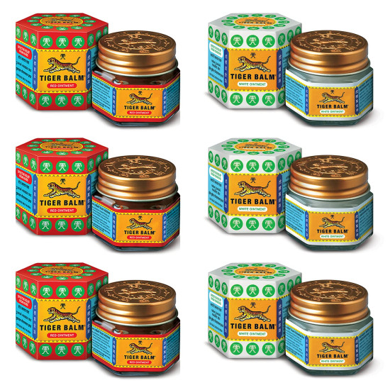 Tiger Balm Red & White Ointment | 21ml each | Pack of 6 | Ayurvedic Pain Relief Balm | Effective Relief from Joint, Body & Knee Pain, Muscular Aches, Sprain, Headache | 3 Red & 3 White | Combo Pack Tiger Balm Red & White Ointment | 21ml each | Pack of 6 | Ayurvedic Pain Relief Balm | Effective Relief from Joint, Body & Knee Pain, Muscular Aches, Sprain, Headache | 3 Red & 3 White | Combo Pack