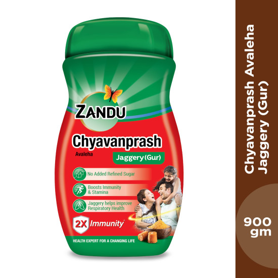 Zandu Chyawanprash- 900g | Made with Jaggery (Gur), Improves Respiratory and Digestive Health, No added Sugar | 3X Immunity, Increases Strength and Stamina