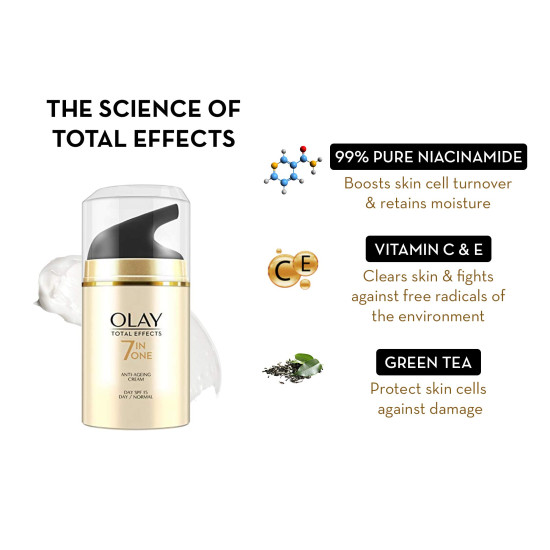 Olay Total Effects Giftpack - Day Cream with SPF 15 50gm + Cleanser 100g | Fights 7 Signs of Ageing | With Niacinamide and Green Tea Extracts | Normal, Oily, Dry, Combination Skin | Pack of 2