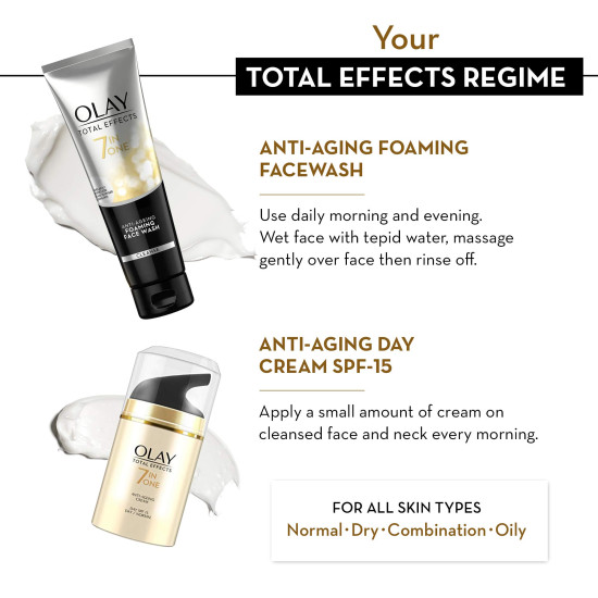 Olay Total Effects Giftpack - Day Cream with SPF 15 50gm + Cleanser 100g | Fights 7 Signs of Ageing | With Niacinamide and Green Tea Extracts | Normal, Oily, Dry, Combination Skin | Pack of 2