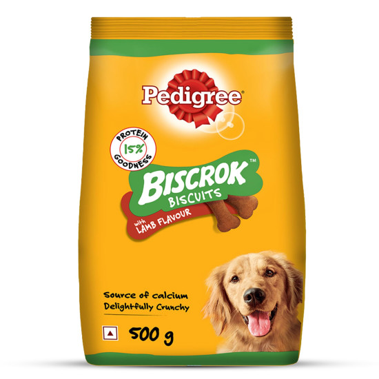 Pedigree Biscrok Biscuits (Above 4 Months) Dog Treats, Lamb Flavour, 500 g, Source of Calcium, Goodness of 15% Protein